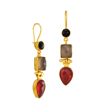 Ohrring aus Messing, vergoldet, orangerote/rauchfarbene/schwarze Onyxsteine